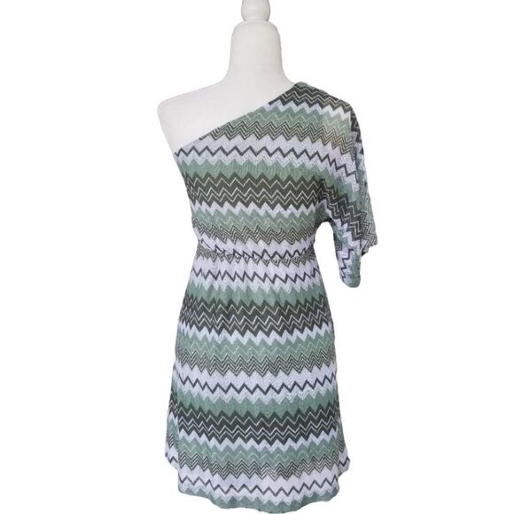One Shoulder Green Zig Zag Striped Y2K 90s Mini Dress Size XS - Picture 7 of 10
